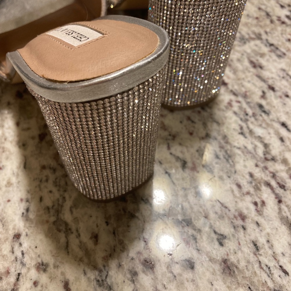 Chelsea & Violet Silver Rhinestone Block Heel Slides - Picture 2 of 3